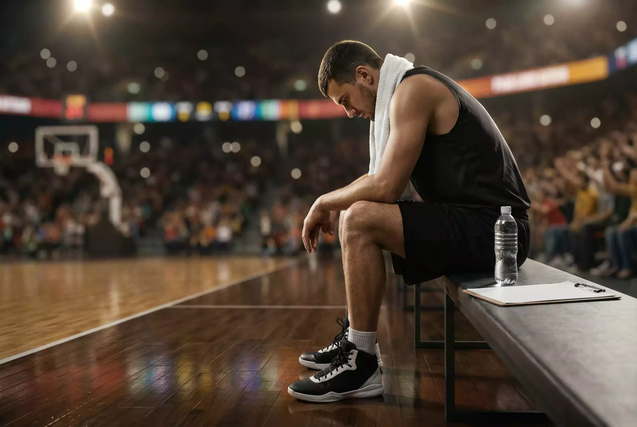 NBA-speler op de bank met handdoek over zijn schouders tijdens een time-out
