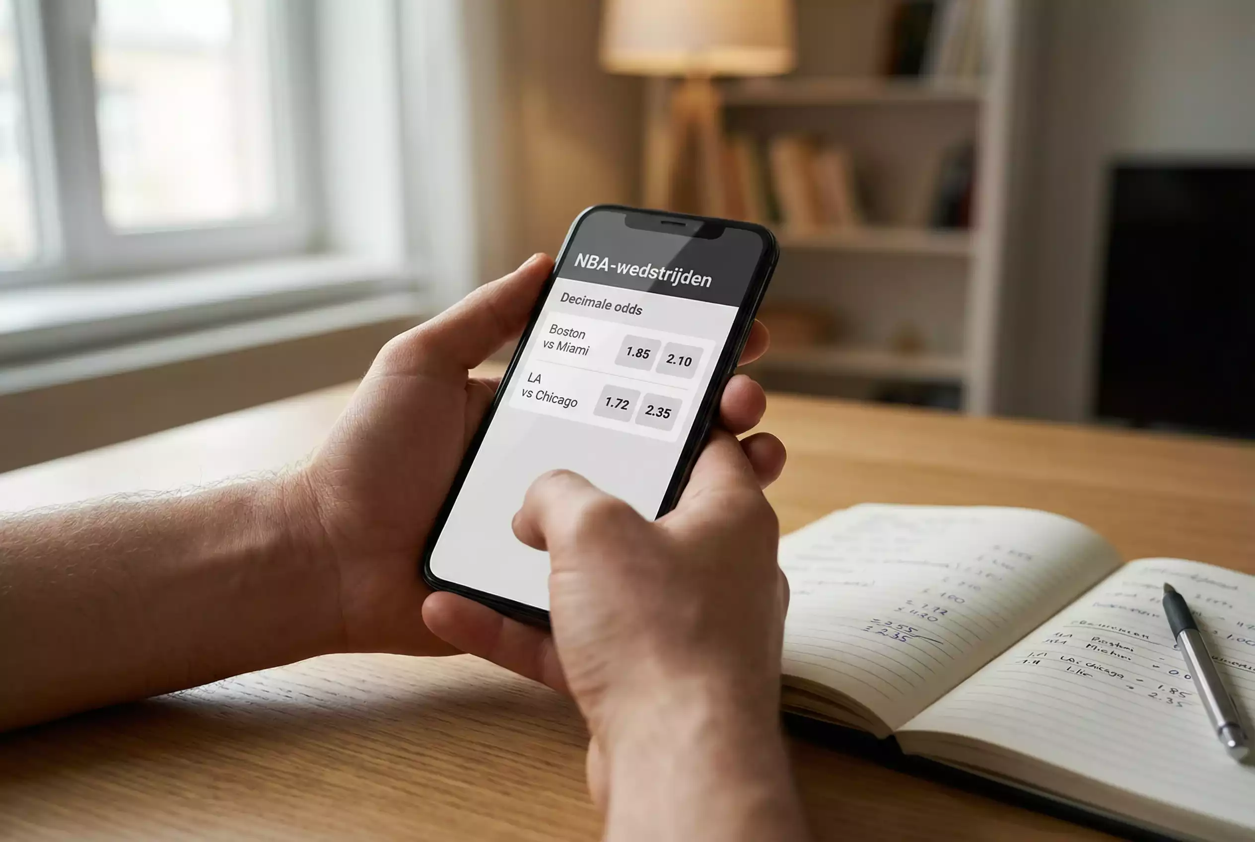 Scherm met NBA-wedstrijdoverzicht en decimale quoteringen naast een notitieboekje